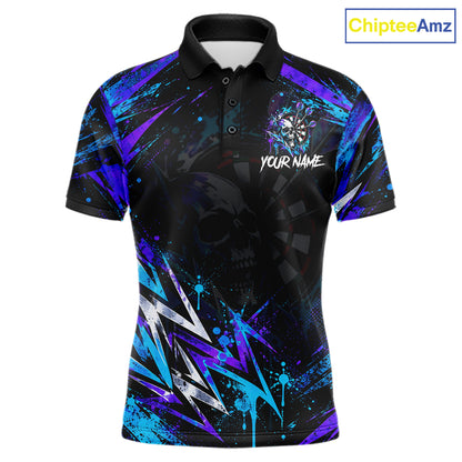 Custom Neon Blue Purple Skull Darts Polo 1/4-Zip Shirt For Men Skull Splatter Dart Team Jersey NYN4535