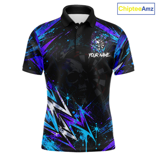 Custom Neon Blue Purple Skull Darts Polo 1/4-Zip Shirt For Men Skull Splatter Dart Team Jersey NYN4535