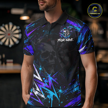 Custom Neon Blue Purple Skull Darts Polo 1/4-Zip Shirt For Men Skull Splatter Dart Team Jersey NYN4535