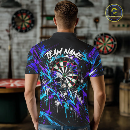 Custom Neon Blue Purple Skull Darts Polo 1/4-Zip Shirt For Men Skull Splatter Dart Team Jersey NYN4535
