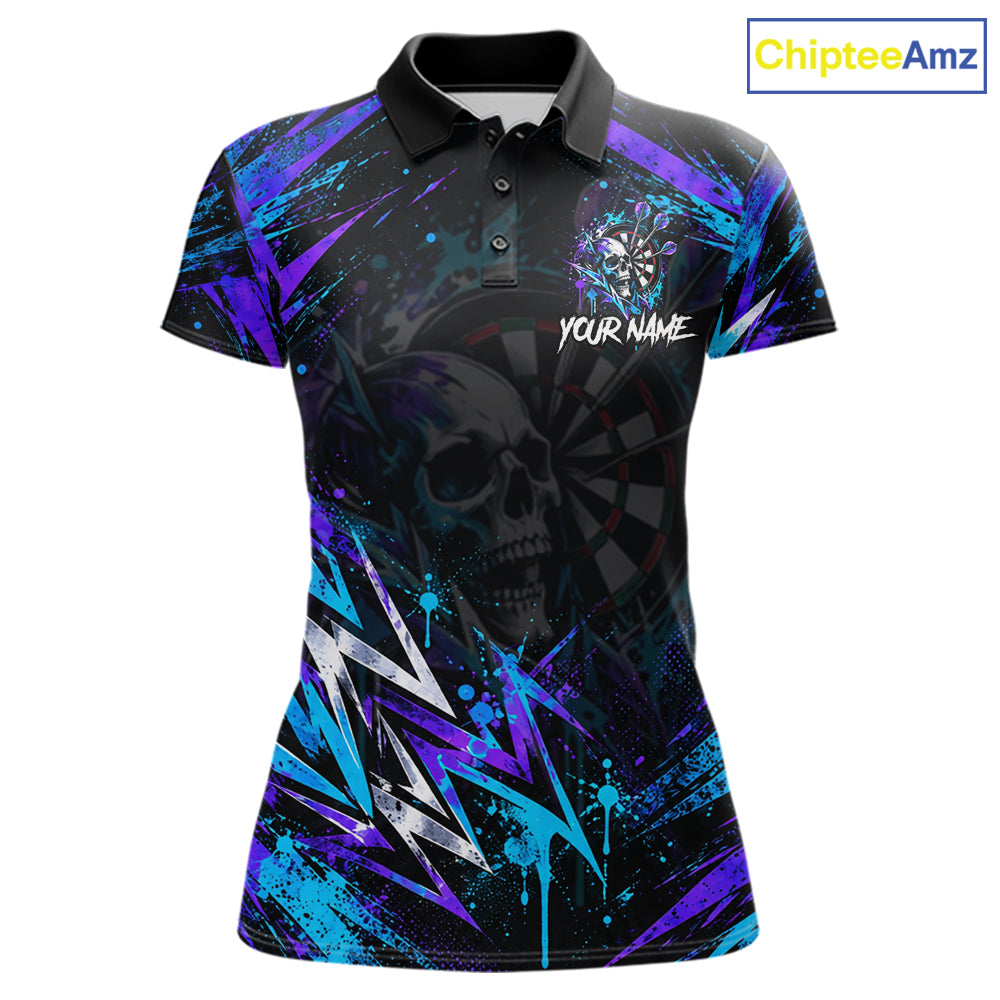 Custom Neon Blue Purple Skull Darts Polo 1/4-Zip Shirt For Women Skull Splatter Dart Team Jersey NYN4535