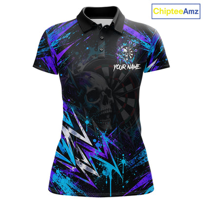 Custom Neon Blue Purple Skull Darts Polo 1/4-Zip Shirt For Women Skull Splatter Dart Team Jersey NYN4535