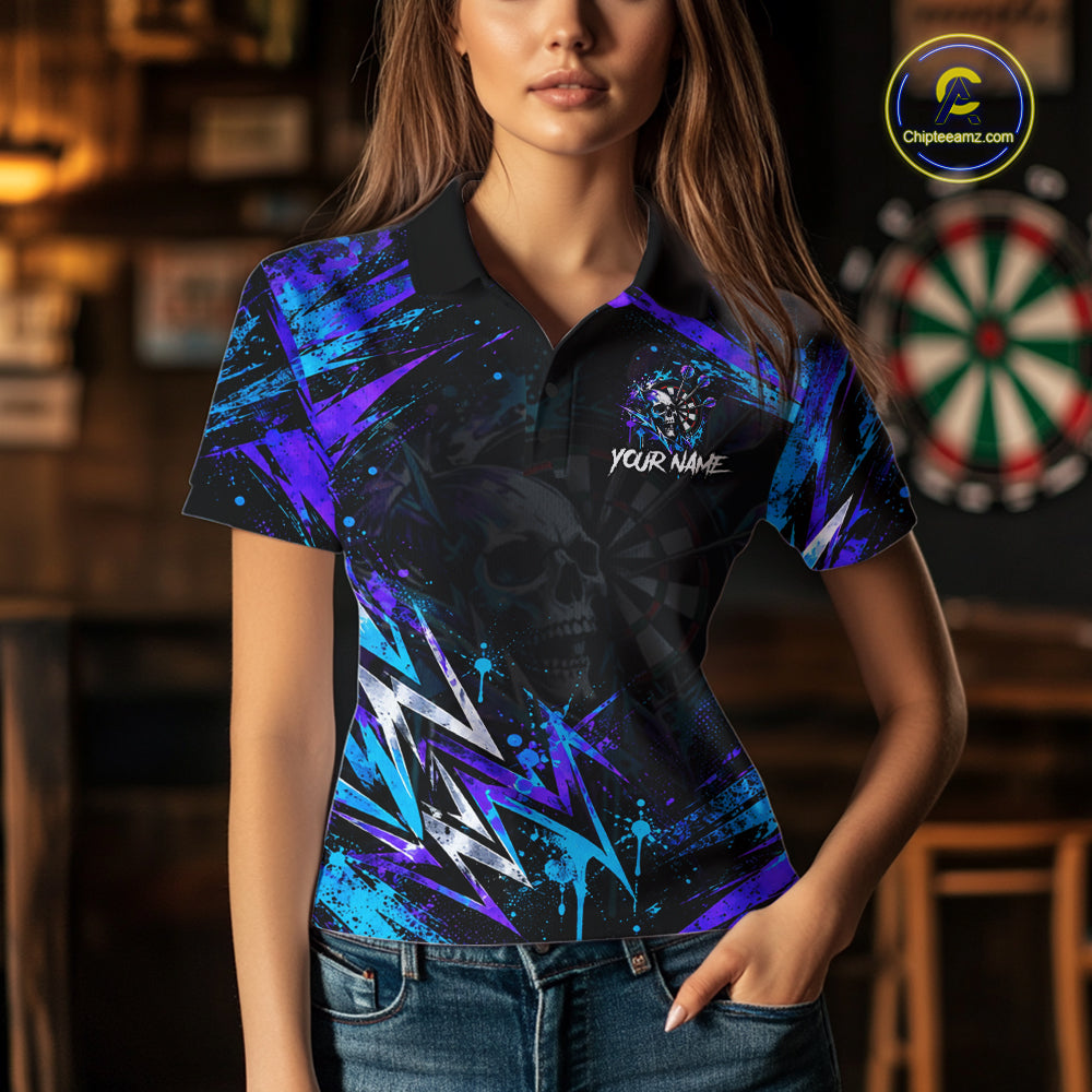 Custom Neon Blue Purple Skull Darts Polo 1/4-Zip Shirt For Women Skull Splatter Dart Team Jersey NYN4535