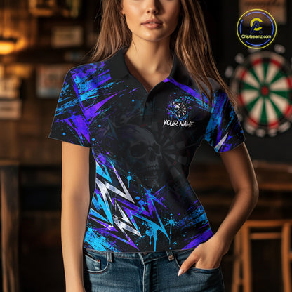 Custom Neon Blue Purple Skull Darts Polo 1/4-Zip Shirt For Women Skull Splatter Dart Team Jersey NYN4535