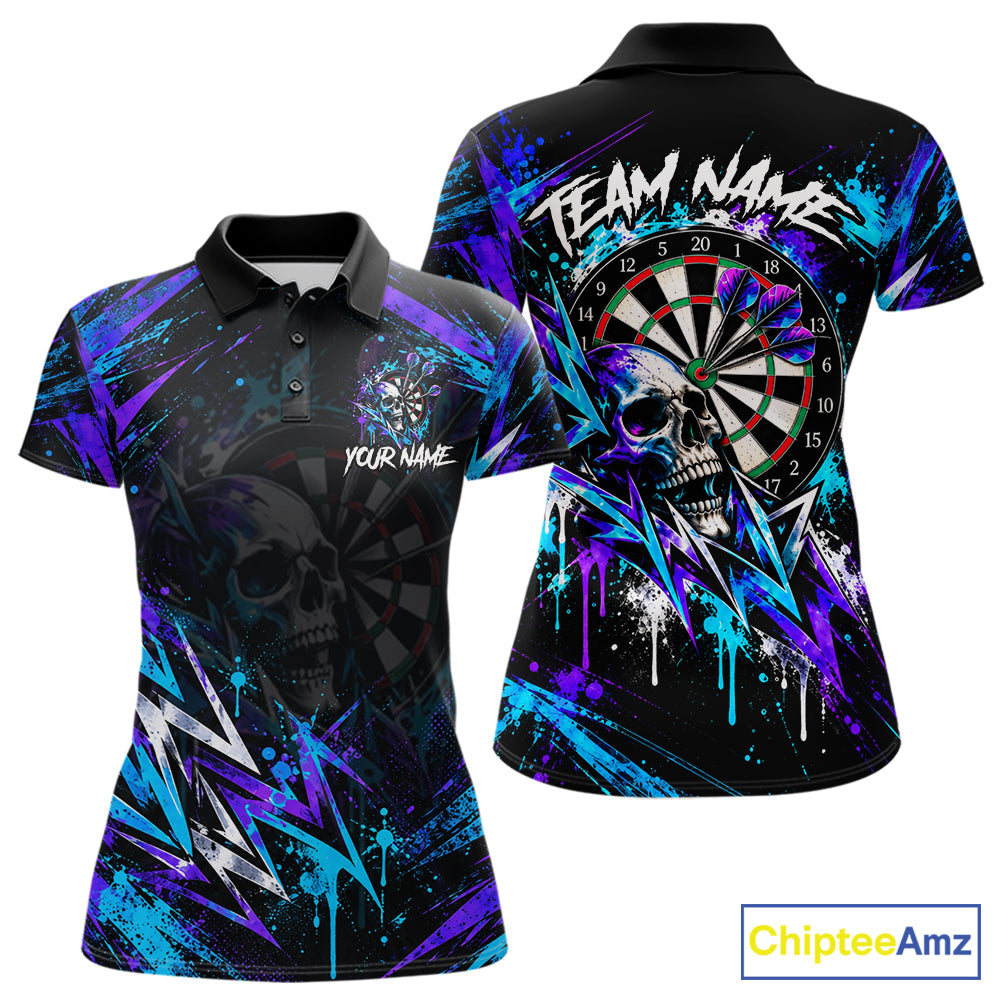 Custom Neon Blue Purple Skull Darts Polo 1/4-Zip Shirt For Women Skull Splatter Dart Team Jersey NYN4535