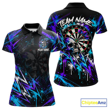 Custom Neon Blue Purple Skull Darts Polo 1/4-Zip Shirt For Women Skull Splatter Dart Team Jersey NYN4535
