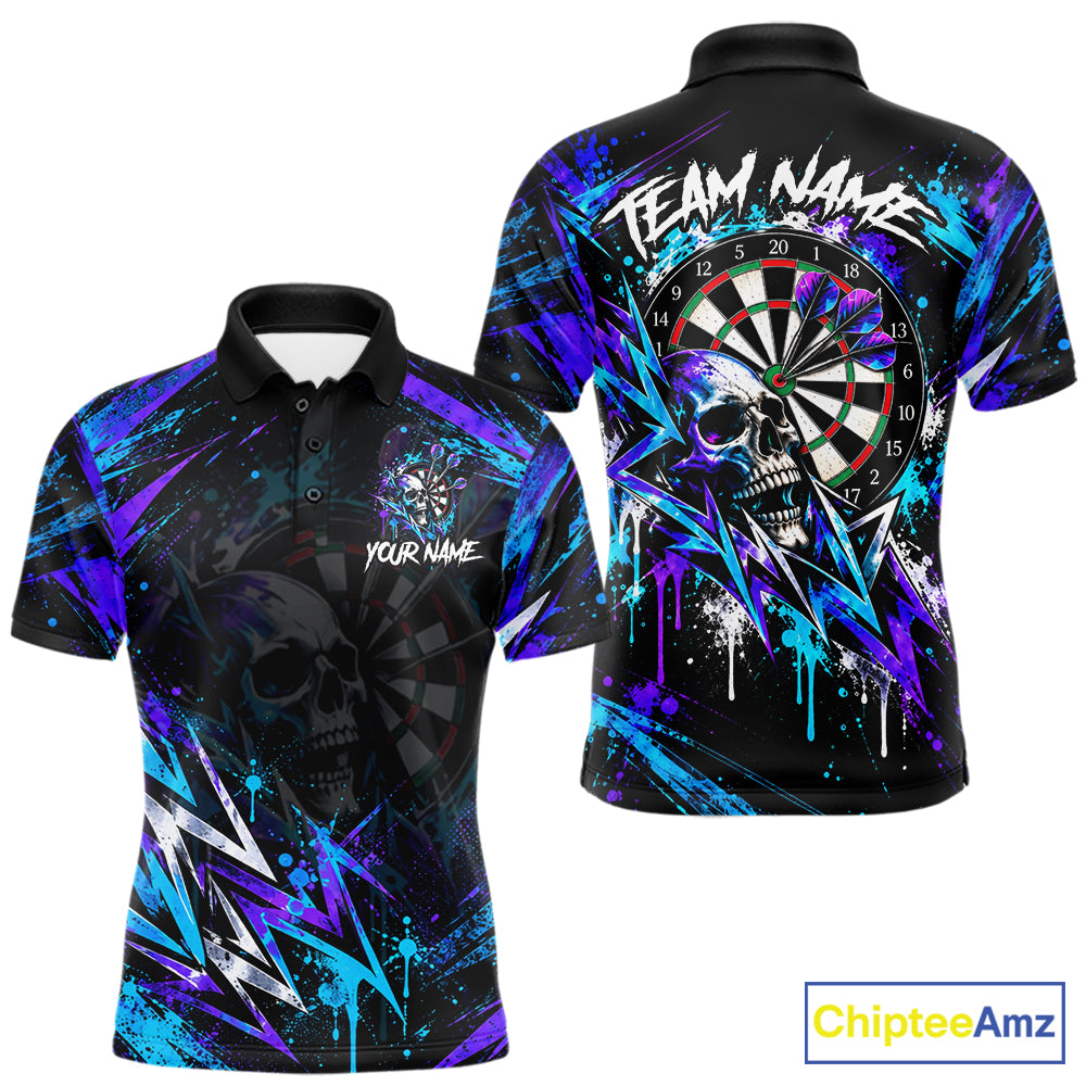 Custom Neon Blue Purple Skull Darts Polo 1/4-Zip Shirt For Men Skull Splatter Dart Team Jersey NYN4535