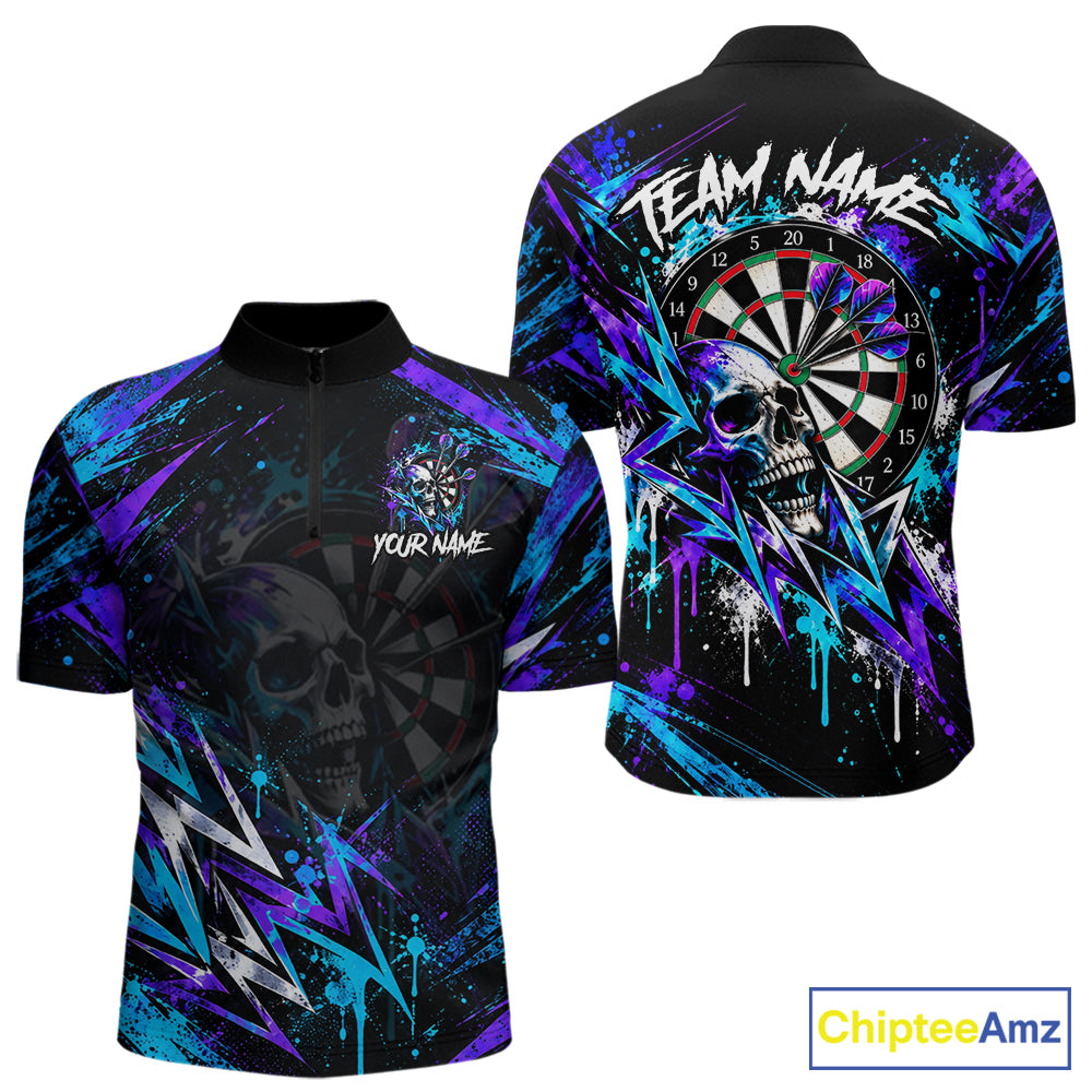Custom Neon Blue Purple Skull Darts Polo 1/4-Zip Shirt For Men Skull Splatter Dart Team Jersey NYN4535