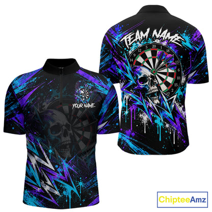 Custom Neon Blue Purple Skull Darts Polo 1/4-Zip Shirt For Men Skull Splatter Dart Team Jersey NYN4535