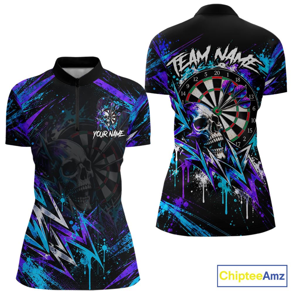 Custom Neon Blue Purple Skull Darts Polo 1/4-Zip Shirt For Women Skull Splatter Dart Team Jersey NYN4535