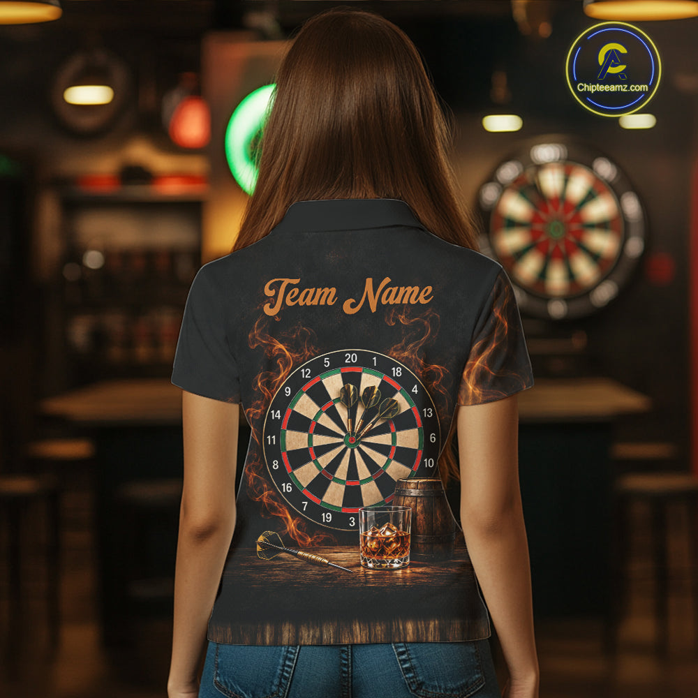 Vintage Whiskey Darts Polo 1/4-Zip Shirt For Women Smoke Bourbon Whiskey Glass Retro Darts Team Jersey NYN4536