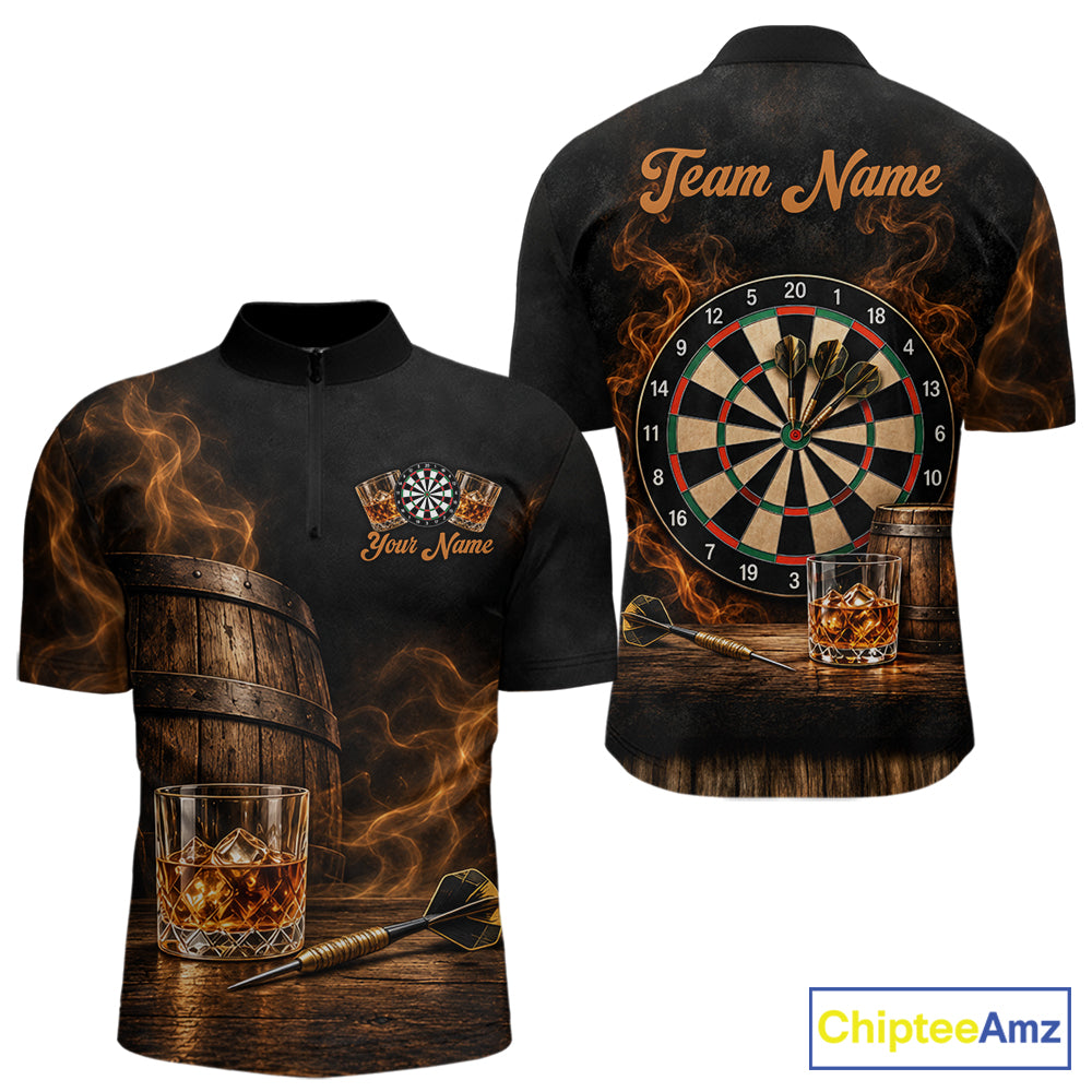 Vintage Whiskey Darts Polo 1/4-Zip Shirt For Men Smoke Bourbon Whiskey Glass Retro Darts Team Jersey NYN4536