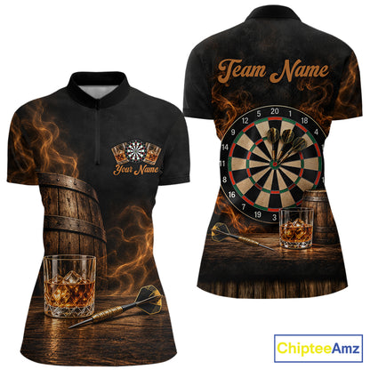 Vintage Whiskey Darts Polo 1/4-Zip Shirt For Women Smoke Bourbon Whiskey Glass Retro Darts Team Jersey NYN4536