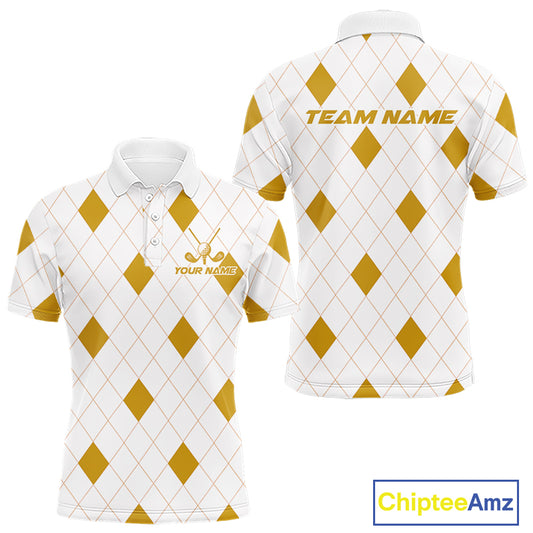 Yellow Argyle Mens Golf Polo Shirt Custom Name Personalized Plaid Argyle Golf Shirt For Golfer NYN4539