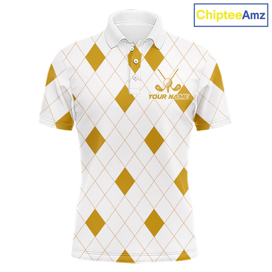 Yellow Argyle Mens Golf Polo Shirt Custom Name Personalized Plaid Argyle Golf Shirt For Golfer NYN4539