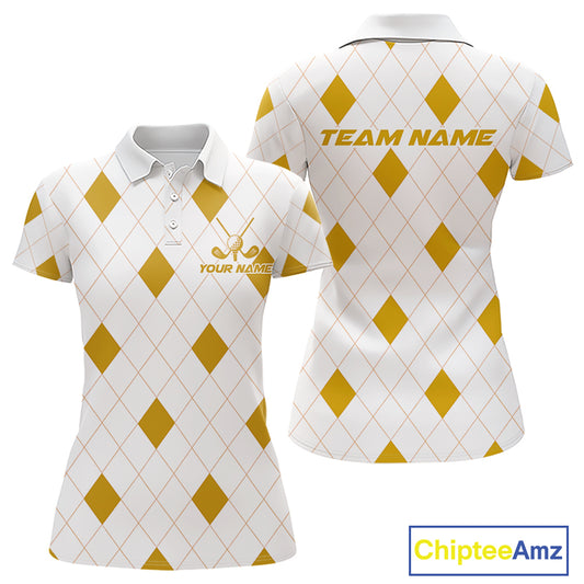Yellow Argyle Women Golf Polo Shirt Custom Name Personalized Plaid Argyle Golf Shirt For Golfer NYN4539