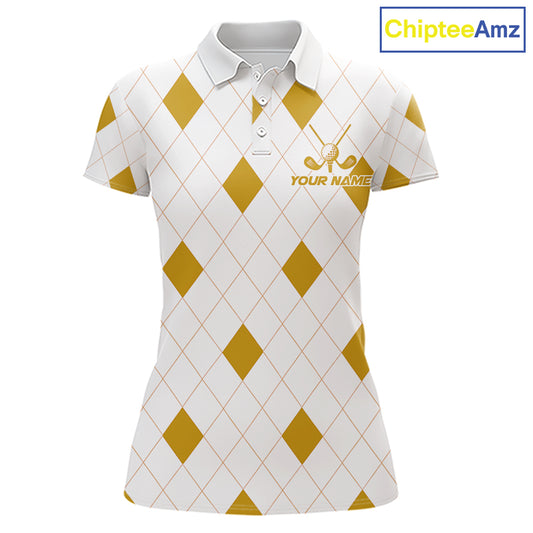 Yellow Argyle Women Golf Polo Shirt Custom Name Personalized Plaid Argyle Golf Shirt For Golfer NYN4539