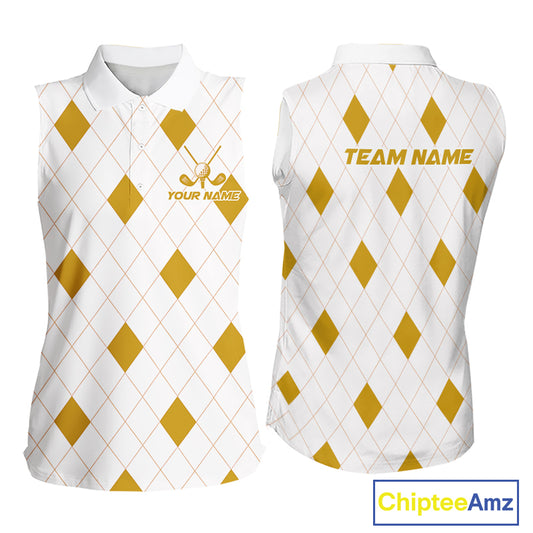 Yellow Argyle Women Golf Sleeveless Polo Shirt Custom Name Personalized Plaid Argyle Golf Shirt For Golfer NYN4539