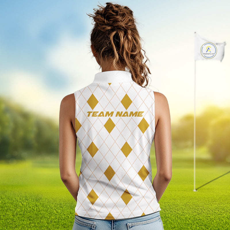 Yellow Argyle Women Golf Sleeveless Polo Shirt Custom Name Personalized Plaid Argyle Golf Shirt For Golfer NYN4539