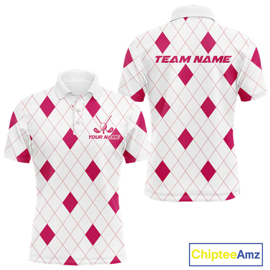 Pink Argyle Mens Golf Polo Shirt Custom Name Personalized Plaid Argyle Golf Shirt For Golfer NYN4540