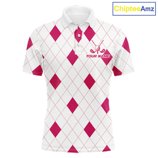 Pink Argyle Mens Golf Polo Shirt Custom Name Personalized Plaid Argyle Golf Shirt For Golfer NYN4540