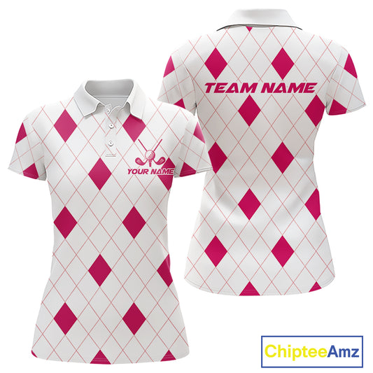 Pink Argyle Women Golf Polo Shirt Custom Name Personalized Plaid Argyle Golf Shirt For Golfer NYN4540