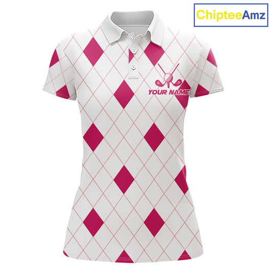 Pink Argyle Women Golf Polo Shirt Custom Name Personalized Plaid Argyle Golf Shirt For Golfer NYN4540
