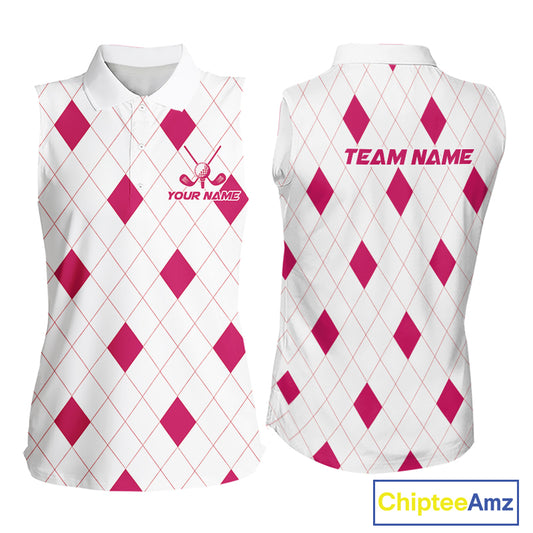 Pink Argyle Women Golf Sleeveless Polo Shirt Custom Name Personalized Plaid Argyle Golf Shirt For Golfer NYN4540