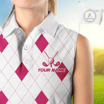 Pink Argyle Women Golf Sleeveless Polo Shirt Custom Name Personalized Plaid Argyle Golf Shirt For Golfer NYN4540