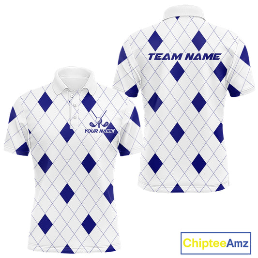 Navy Argyle Mens Golf Polo Shirt Custom Name Personalized Plaid Argyle Golf Shirt For Golfer NYN4541