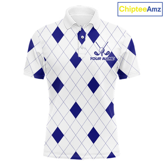Navy Argyle Mens Golf Polo Shirt Custom Name Personalized Plaid Argyle Golf Shirt For Golfer NYN4541