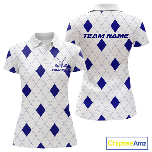 Navy Argyle Women Golf Polo Shirt Custom Name Personalized Plaid Argyle Golf Shirt For Golfer NYN4541