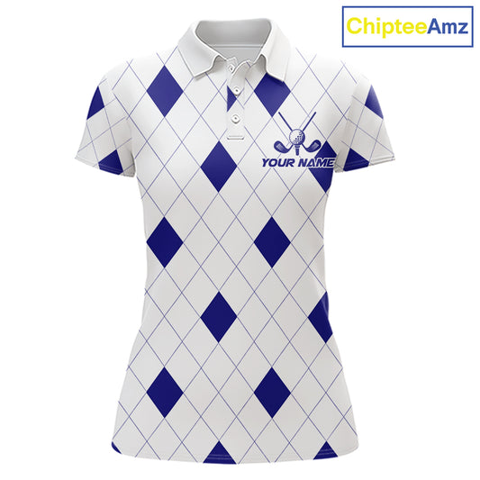 Navy Argyle Women Golf Polo Shirt Custom Name Personalized Plaid Argyle Golf Shirt For Golfer NYN4541
