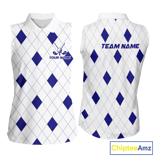 Navy Argyle Women Golf Sleeveless Polo Shirt Custom Name Personalized Plaid Argyle Golf Shirt For Golfer NYN4541