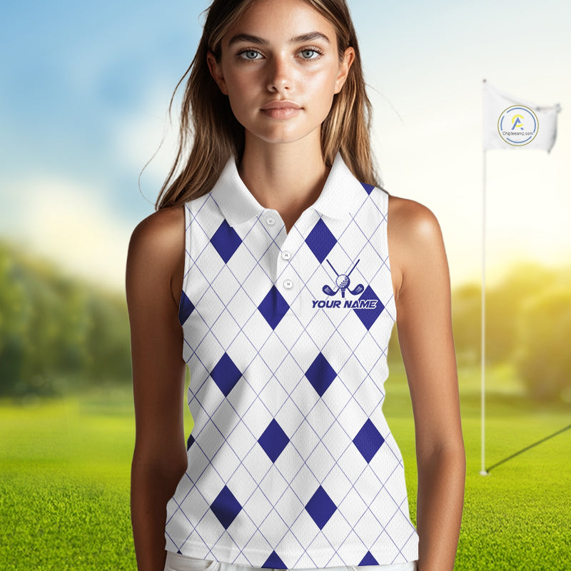 Navy Argyle Women Golf Sleeveless Polo Shirt Custom Name Personalized Plaid Argyle Golf Shirt For Golfer NYN4541