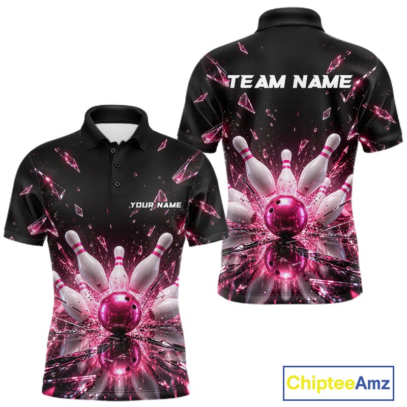 Custom Pink Shattered Broken Glass Bowling Shirt For Men Crystal Strike Bowling Team Bowling League NYN4542