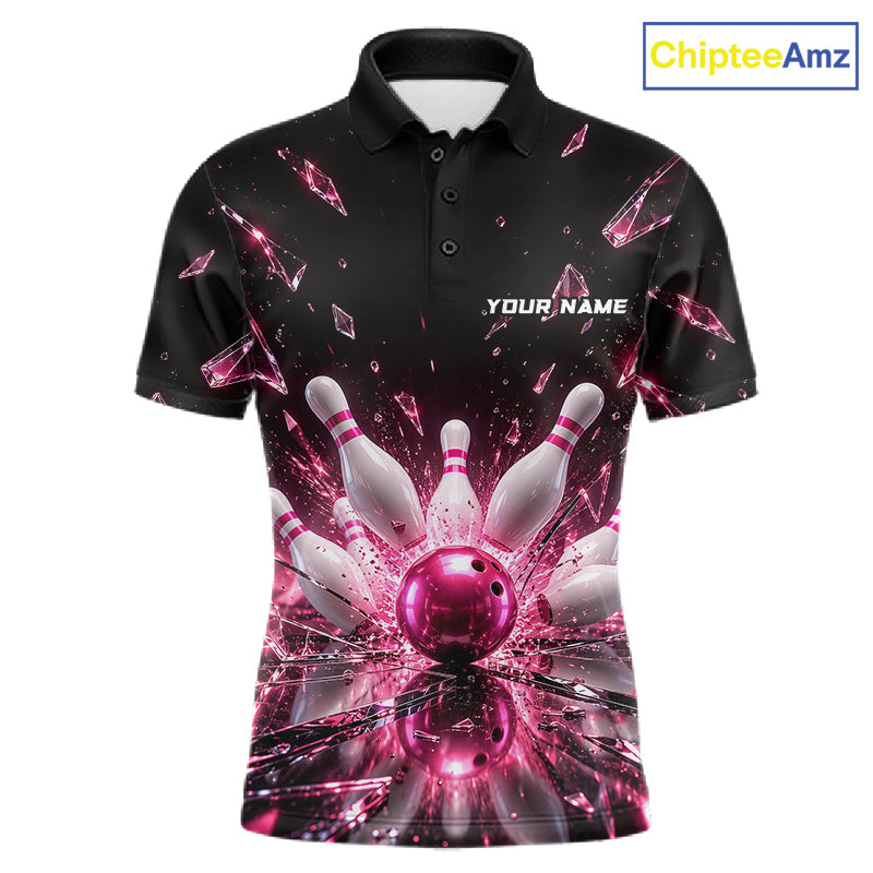 Custom Pink Shattered Broken Glass Bowling Shirt For Men Crystal Strike Bowling Team Bowling League NYN4542