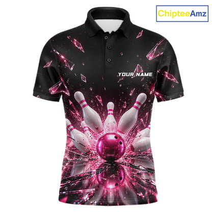 Custom Pink Shattered Broken Glass Bowling Shirt For Men Crystal Strike Bowling Team Bowling League NYN4542
