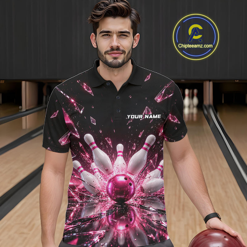 Custom Pink Shattered Broken Glass Bowling Shirt For Men Crystal Strike Bowling Team Bowling League NYN4542