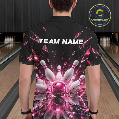 Custom Pink Shattered Broken Glass Bowling Shirt For Men Crystal Strike Bowling Team Bowling League NYN4542