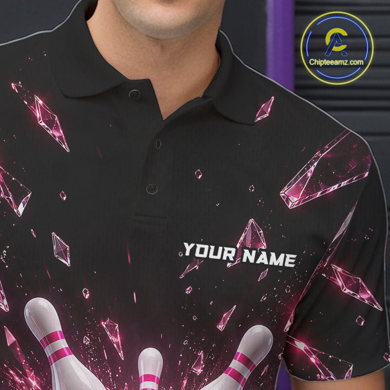 Custom Pink Shattered Broken Glass Bowling Shirt For Men Crystal Strike Bowling Team Bowling League NYN4542