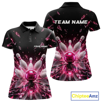 Custom Pink Shattered Broken Glass Bowling Shirt For Women Crystal Strike Bowling Team Bowling League NYN4542