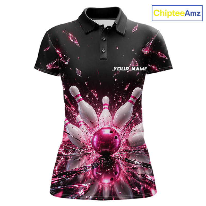 Custom Pink Shattered Broken Glass Bowling Shirt For Women Crystal Strike Bowling Team Bowling League NYN4542