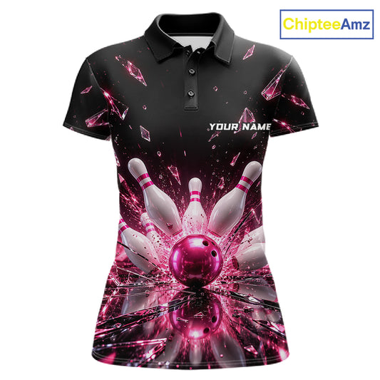 Custom Pink Shattered Broken Glass Bowling Shirt For Women Crystal Strike Bowling Team Bowling League NYN4542