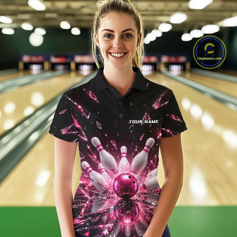 Custom Pink Shattered Broken Glass Bowling Shirt For Women Crystal Strike Bowling Team Bowling League NYN4542