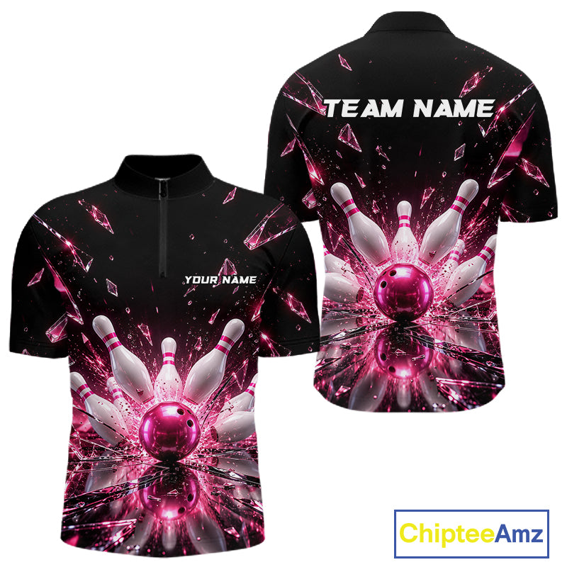 Custom Pink Shattered Broken Glass Bowling Shirt For Men Crystal Strike Bowling Team Bowling League NYN4542