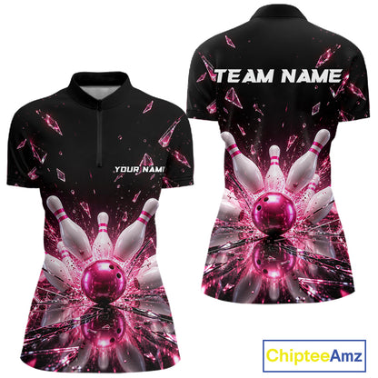 Custom Pink Shattered Broken Glass Bowling Shirt For Women Crystal Strike Bowling Team Bowling League NYN4542