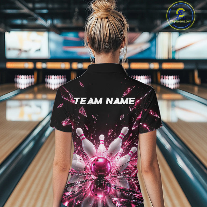 Custom Pink Shattered Broken Glass Bowling Shirt For Women Crystal Strike Bowling Team Bowling League NYN4542