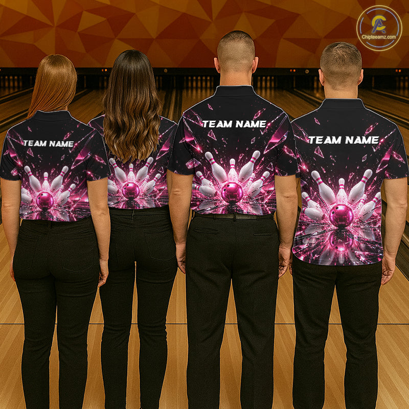 Custom Pink Shattered Broken Glass Bowling Shirt For Men Crystal Strike Bowling Team Bowling League NYN4542
