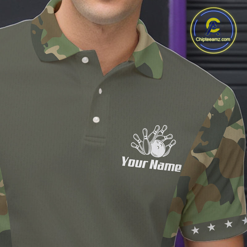 Custom Military Army Camouflage Bowling Polo 1/4-Zip Shirt For Men Bowling Ball Pins Strike Jersey NYN4544